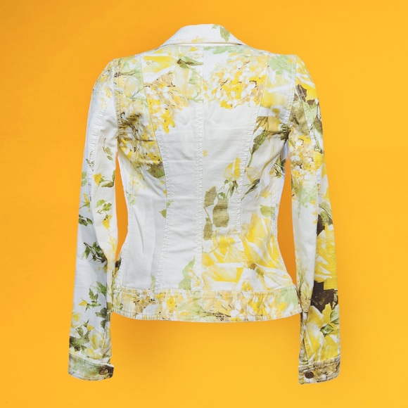 Rare Roberto Cavalli Y2K White Denim Jacket Yellow & Gold Floral Print - Size 40 - Picture 7 of 11